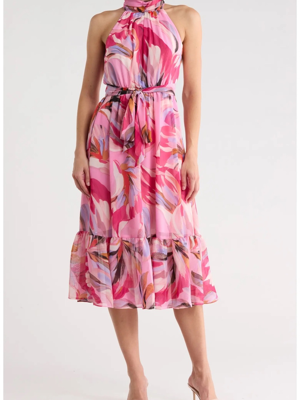 Eliza J Pink Abstract Sleeveless Halter Midi Dress